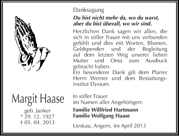 Traueranzeige von Margit Haase von Mitteldeutsche Zeitung Halle/Saalkreis
