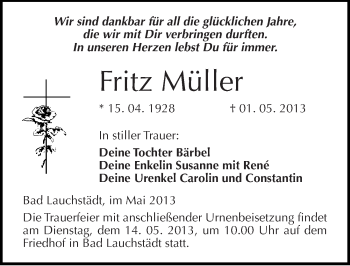 Traueranzeige von Fritz Müller von Mitteldeutsche Zeitung Merseburg/Querfurt