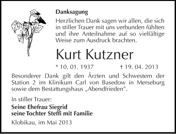 Traueranzeige von Kurt Kutzner von Mitteldeutsche Zeitung Merseburg/Querfurt