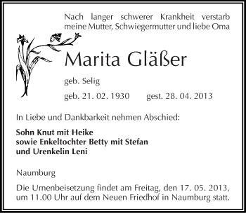 Traueranzeige von Marita Gläßer von Mitteldeutsche Zeitung Naumburg/Nebra