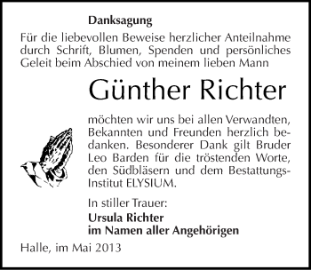 Traueranzeige von Günther Richter von Mitteldeutsche Zeitung Halle/Saalkreis