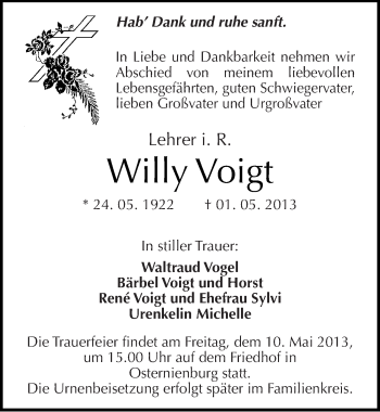 Traueranzeige von Willy Voigt von Mitteldeutsche Zeitung Köthen