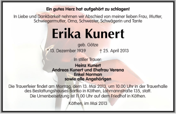 Traueranzeige von Erika Kunert von Mitteldeutsche Zeitung Köthen