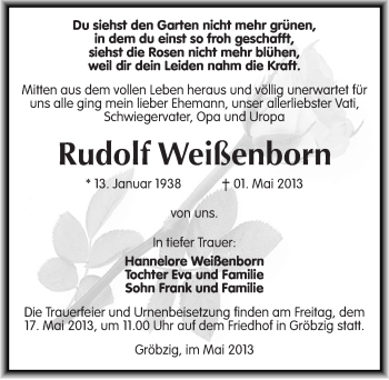 Traueranzeige von Rudolf Weißenborn von Mitteldeutsche Zeitung Köthen