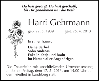 Traueranzeige von Harri Gehrmann von Mitteldeutsche Zeitung Halle/Saalkreis