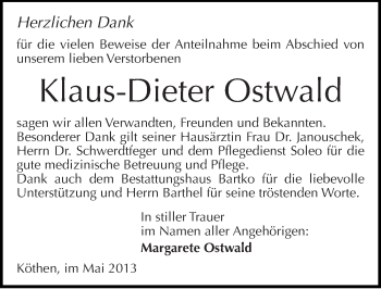 Traueranzeige von Klaus-Dieter Ostwald von Mitteldeutsche Zeitung Köthen