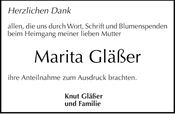 Traueranzeige von Marita Gläßer von Mitteldeutsche Zeitung Naumburg/Nebra