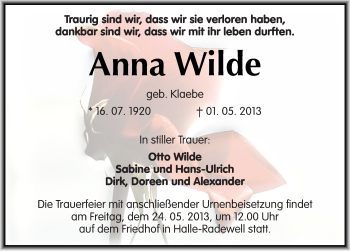 Traueranzeige von Anna Wilde von Mitteldeutsche Zeitung Halle/Saalkreis
