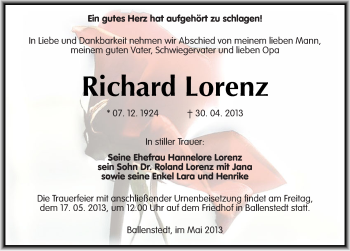 Traueranzeige von Richard Lorenz von Mitteldeutsche Zeitung Quedlinburg