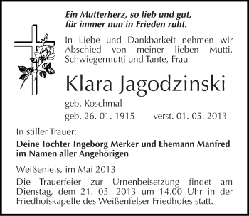 Traueranzeige von Klara Jagodzinski von Mitteldeutsche Zeitung Weißenfels