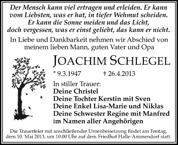 Traueranzeige von Joachim Schlegel von Mitteldeutsche Zeitung Halle/Saalkreis