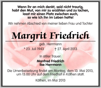 Traueranzeige von Margrit Friedrich von Mitteldeutsche Zeitung Köthen