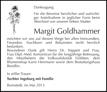Traueranzeige von Margit Goldhammer von Mitteldeutsche Zeitung Aschersleben