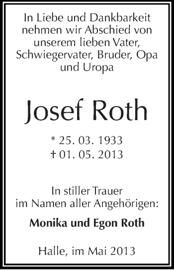 Traueranzeige von Josef Roth von Mitteldeutsche Zeitung Halle/Saalkreis