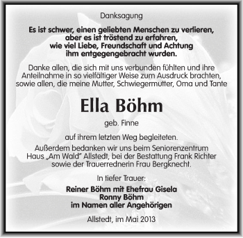 Traueranzeige von Ella Böhm von Mitteldeutsche Zeitung Sangerhausen