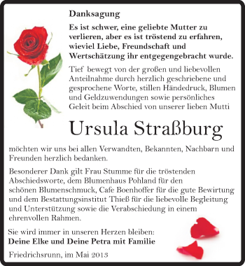 Traueranzeige von Ursula Straßburg von Mitteldeutsche Zeitung Quedlinburg
