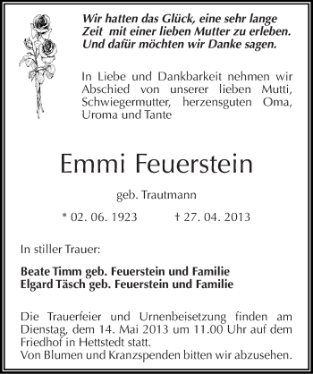 Traueranzeige von Emmi Feuerstein von Mitteldeutsche Zeitung Aschersleben