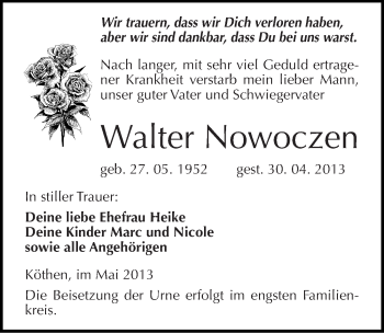 Traueranzeige von Walter Nowoczen von Mitteldeutsche Zeitung Köthen