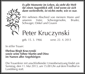 Traueranzeige von Peter Kruczynski von Mitteldeutsche Zeitung Halle/Saalkreis