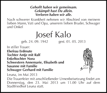 Traueranzeige von Josef Kalo von Mitteldeutsche Zeitung Merseburg/Querfurt