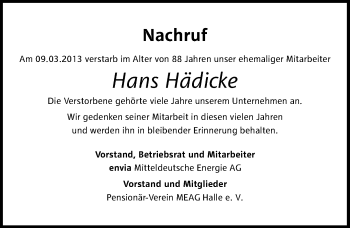 Traueranzeige von Hans Hädicke von Mitteldeutsche Zeitung Halle/Saalkreis