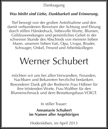 Traueranzeige von Werner Schubert von Mitteldeutsche Zeitung Aschersleben