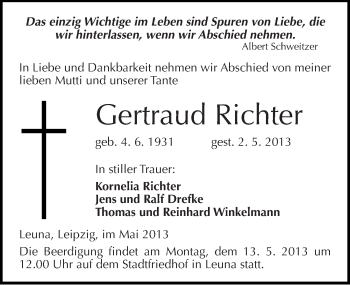 Traueranzeige von Gertraud Richter von Mitteldeutsche Zeitung Merseburg/Querfurt