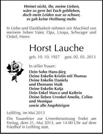 Traueranzeige von Horst Lauche von Mitteldeutsche Zeitung Weißenfels