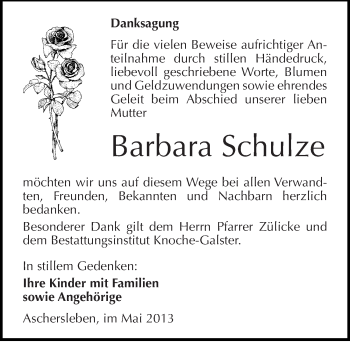 Traueranzeige von Barbara Schulze von Mitteldeutsche Zeitung Aschersleben