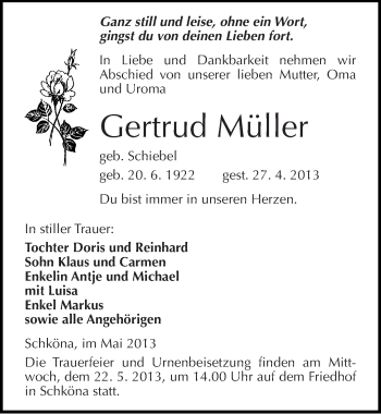 Traueranzeige von Gertrud Müller von Mitteldeutsche Zeitung Wittenberg
