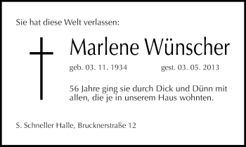 Traueranzeige von Marlene Wünscher von Mitteldeutsche Zeitung Halle/Saalkreis