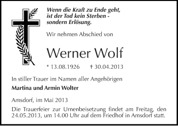 Traueranzeige von Werner Wolf von Mitteldeutsche Zeitung Aschersleben