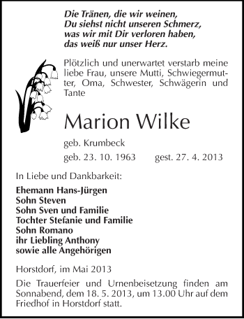Traueranzeige von Marion Wilke von Mitteldeutsche Zeitung Wittenberg