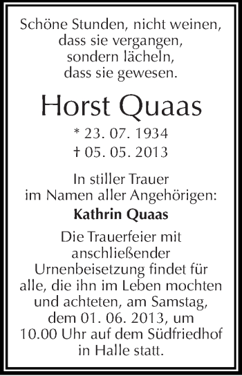 Traueranzeige von Horst Quaas von Mitteldeutsche Zeitung Halle/Saalkreis