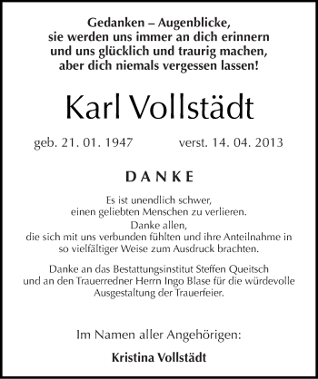 Traueranzeige von Karl Vollstädt von Mitteldeutsche Zeitung Köthen