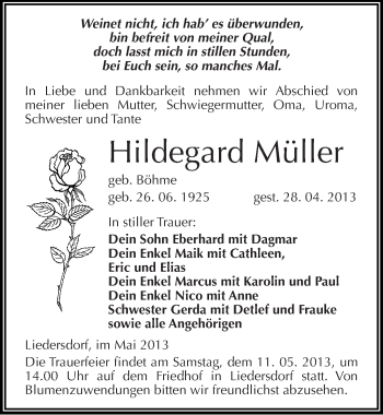 Traueranzeige von Hildegard Müller von Mitteldeutsche Zeitung Sangerhausen