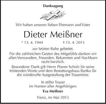 Traueranzeige von Dieter Meißner von Mitteldeutsche Zeitung Köthen