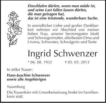 Traueranzeige von Ingrid Schwenzer von Mitteldeutsche Zeitung Naumburg/Nebra