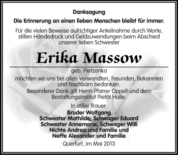 Traueranzeige von Erika Massow von Mitteldeutsche Zeitung Merseburg/Querfurt