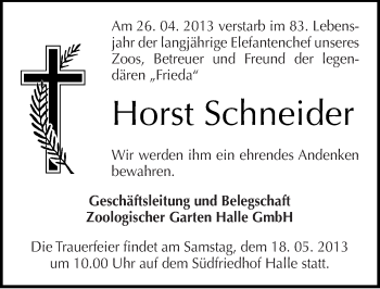 Traueranzeige von Horst Schneider von Mitteldeutsche Zeitung Halle/Saalkreis