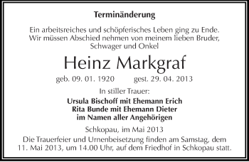 Traueranzeige von Heinz Markgraf von Mitteldeutsche Zeitung Merseburg/Querfurt