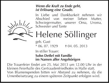 Traueranzeige von Helene Söllinger von Mitteldeutsche Zeitung Halle/Saalkreis