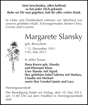 Traueranzeige von Margarete Slansky von Mitteldeutsche Zeitung Naumburg/Nebra