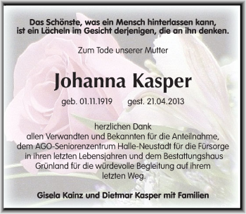 Traueranzeige von Johanna Kasper von Mitteldeutsche Zeitung