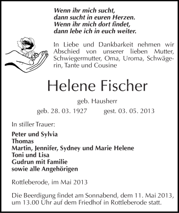 Traueranzeige von Helene Fischer von Mitteldeutsche Zeitung Sangerhausen