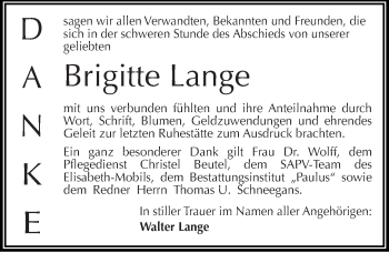 Traueranzeige von Brigitte Lange von Mitteldeutsche Zeitung Halle/Saalkreis