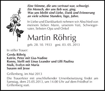 Traueranzeige von Martin Röhrig von Mitteldeutsche Zeitung Sangerhausen