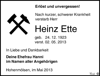 Traueranzeige von Heinz Ette von Mitteldeutsche Zeitung Weißenfels
