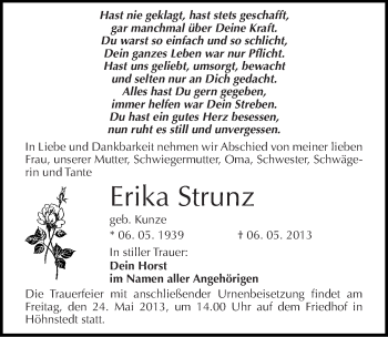 Traueranzeige von Erika Strunz von Mitteldeutsche Zeitung Halle/Saalkreis