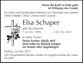 Traueranzeige von Elsa Schaper von Mitteldeutsche Zeitung Dessau-Roßlau